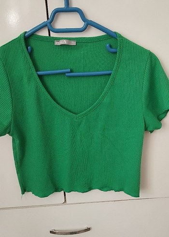 Yeşil V Yaka Kısa Triko Crop Top