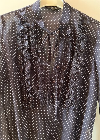 Mavi Puantiyeli Fırfırlı Transparan Kadın Bluz - Görsel 3