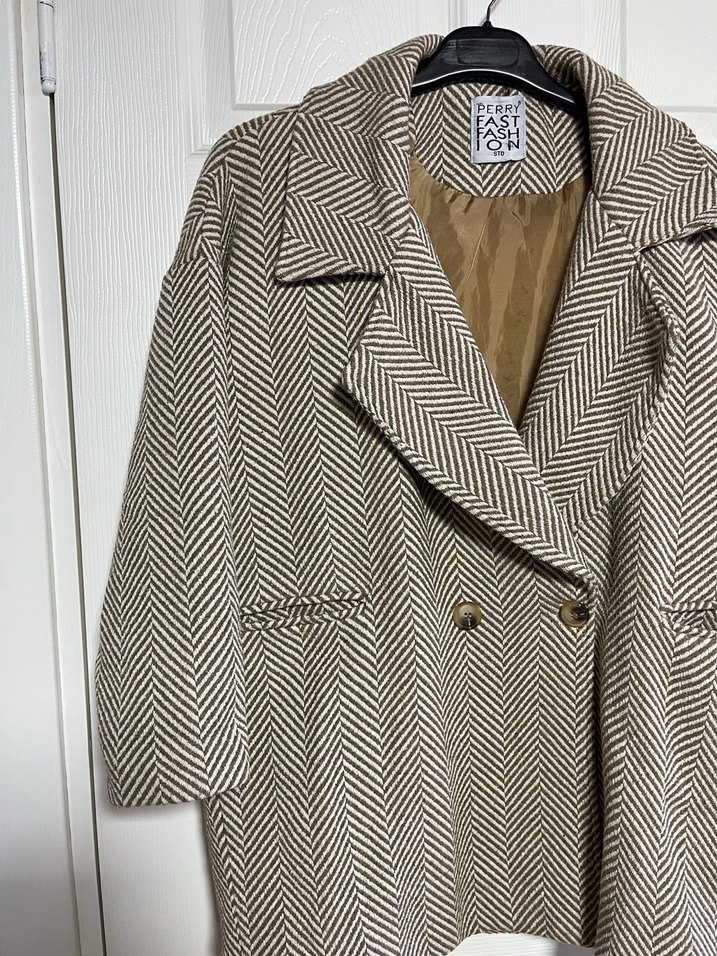 Bej Zebra  Desenli Midi Kadın Kaban - Görsel 5