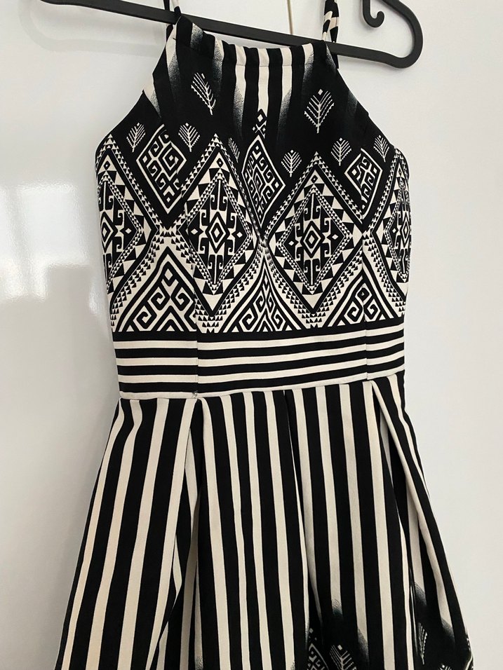 Bohem Siyah Çizgili Midi Elbise - Görsel 5