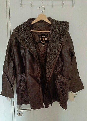 Hakiki deri vintage kapüşonlu mont