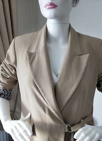 xl Beden Bej renkli ici leopar astarlı blazer