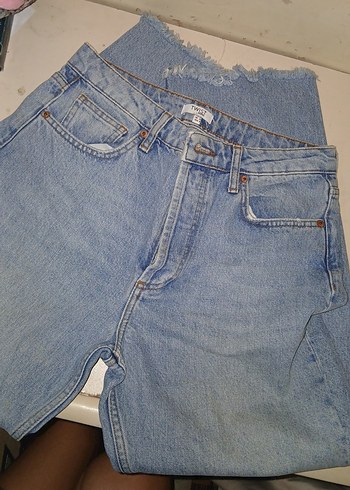 Twist Düğmeli Mavi Midi Kot Pantolon