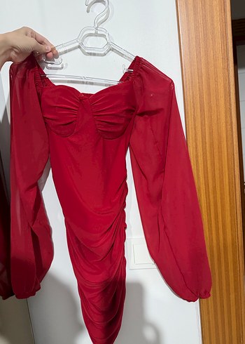 Kırmızı V Yaka Drapeli Kadın Abiye Elbise - Görsel 4