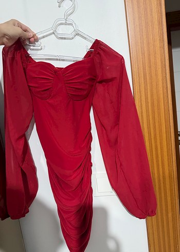 Kırmızı V Yaka Drapeli Kadın Abiye Elbise - Görsel 2