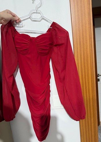 Kırmızı V Yaka Drapeli Kadın Abiye Elbise - Görsel 3