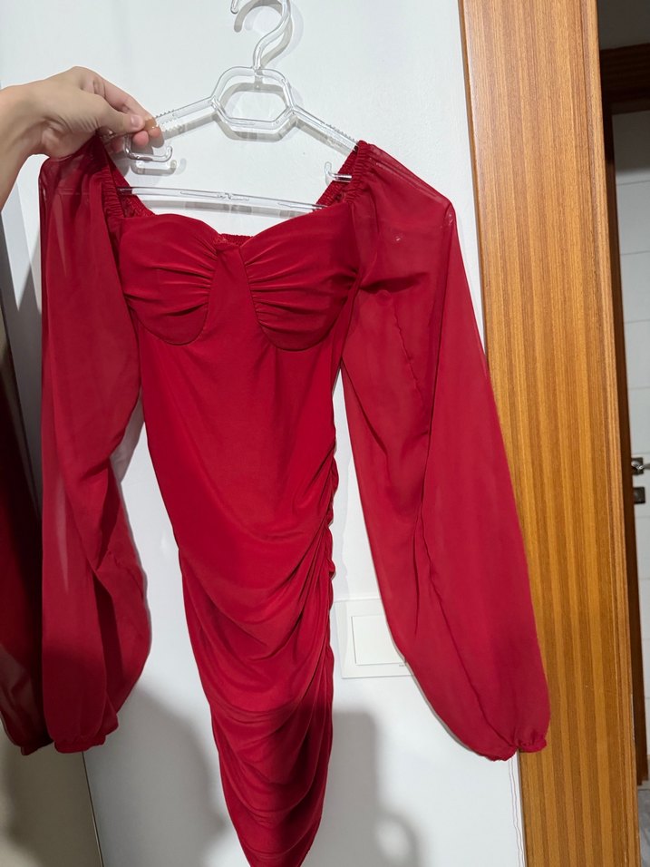 Kırmızı V Yaka Drapeli Kadın Abiye Elbise - Görsel 4