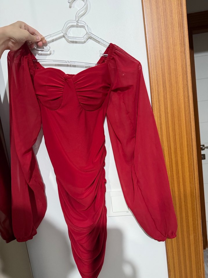Kırmızı V Yaka Drapeli Kadın Abiye Elbise - Görsel 2