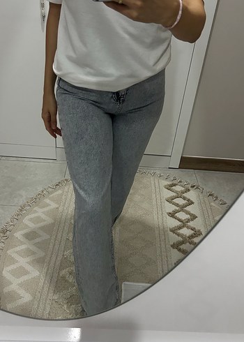 Diğer Acik Gri Yuksek Bel Denim Jean