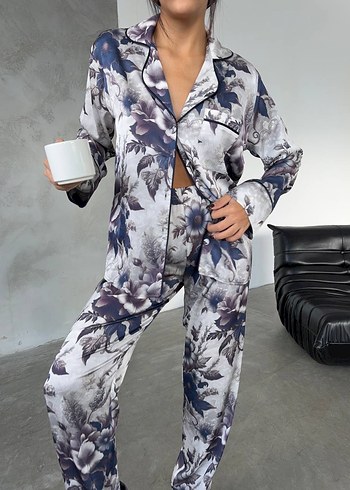 diğer Beden Gri Beyaz Batik Desenli Uzun Kollu Kadın Pijama