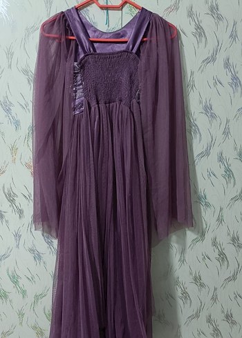 Mor Uzun Bohem Nakışlı Abiye Elbise - Görsel 2