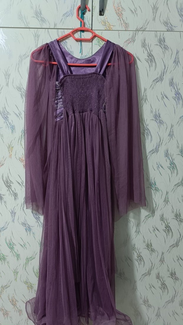 Mor Uzun Bohem Nakışlı Abiye Elbise - Görsel 2