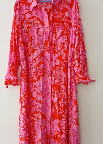 Pembe Batik Desenli Uzun Bohem Kadın Elbise