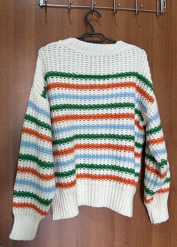 Çok Renkli Çizgili Örgü Kadın Kazak - Görsel 2