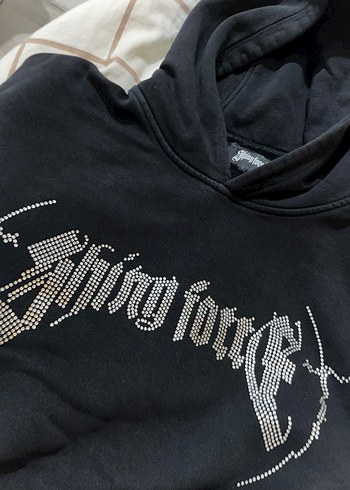 Diğer Pul İşlemeli Siyah Kapüşonlu Sweatshirt shiny force