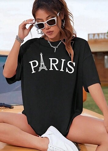 Unisex Siyah Oversize Paris Yazılı Bisiklet Yaka Kısa Kollu T-sh