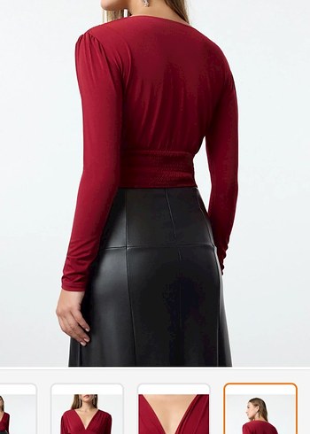 Bordo Deri Görünümlü Uzun Kollu Kadın Bluz - Görsel 2