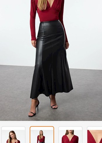 Bordo Deri Görünümlü Uzun Kollu Kadın Bluz - Görsel 3