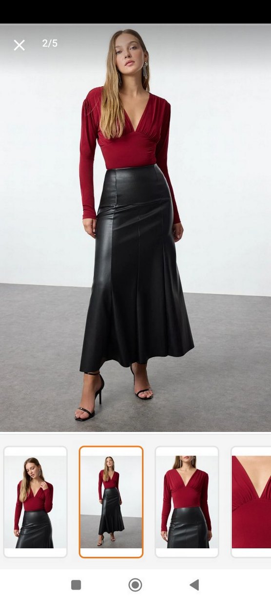 Bordo Deri Görünümlü Uzun Kollu Kadın Bluz - Görsel 3