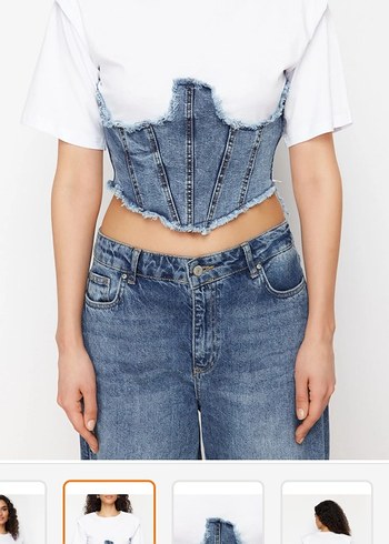 Beyaz denim detaylı vatkalı bluz - Görsel 2