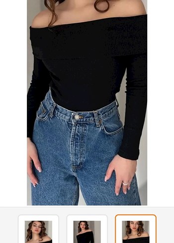 Siyah Denim Kayık Yaka Uzun Kollu Bluz - Görsel 3