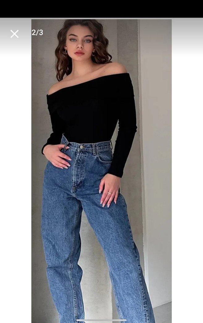 Siyah Denim Kayık Yaka Uzun Kollu Bluz - Görsel 2