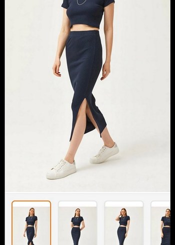 Lacivert Midi Kadın Etek crop takım - Görsel 2