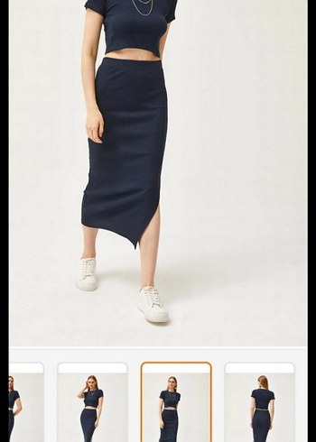 Lacivert Midi Kadın Etek crop takım - Görsel 4