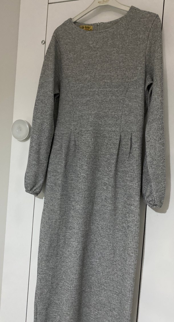 Uzun Kollu Gri Piliseli Kadın Elbise S,M - Görsel 2