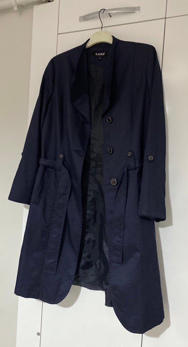 Düğmeli Lacivert Uzun Kadın Trençkot - Görsel 2