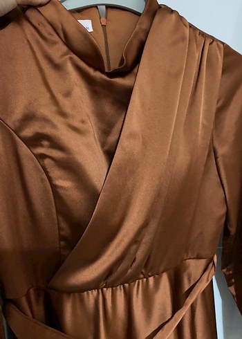 Kahverengi Uzun Drapeli Kadın Elbise M bedene uygun - Görsel 6