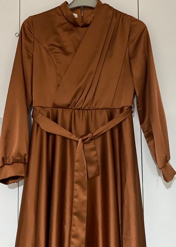 Kahverengi Uzun Drapeli Kadın Elbise M bedene uygun - Görsel 3
