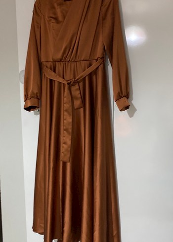 Kahverengi Uzun Drapeli Kadın Elbise M bedene uygun - Görsel 2