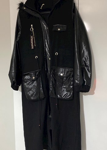 Siyah Deri Kemerli Uzun Kadın Ceket - Görsel 3