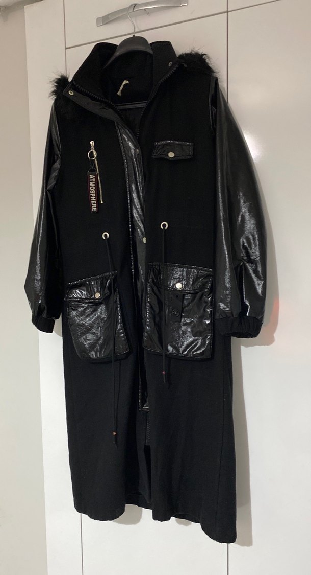 Siyah Deri Kemerli Uzun Kadın Ceket - Görsel 3