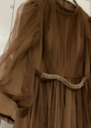 Kahverengi Uzun Drapeli Vintage Abiye Elbise - Görsel 3