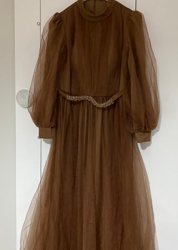 Kahverengi Uzun Drapeli Vintage Abiye Elbise - Görsel 2