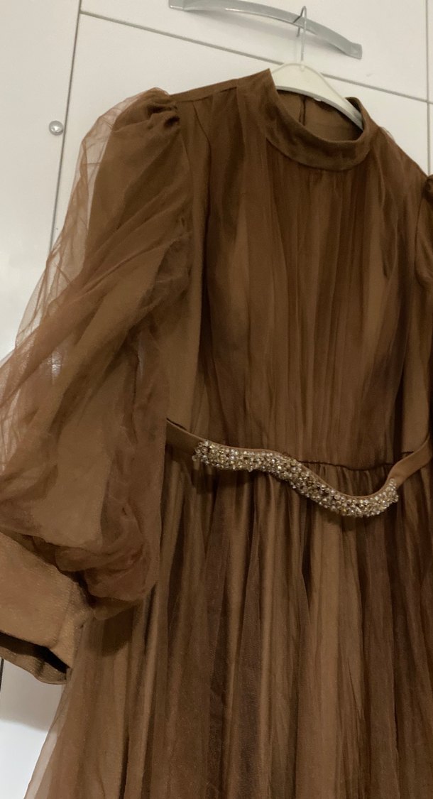 Kahverengi Uzun Drapeli Vintage Abiye Elbise - Görsel 3