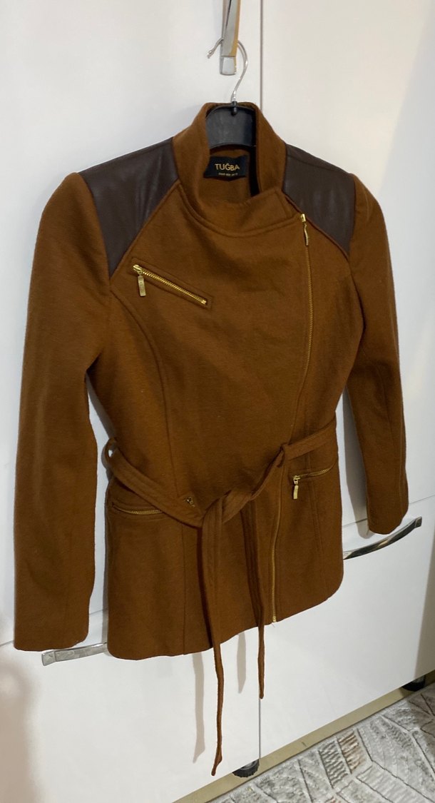 Kahverengi Deri Kemerli Maternity Biker Ceket M,L - Görsel 2