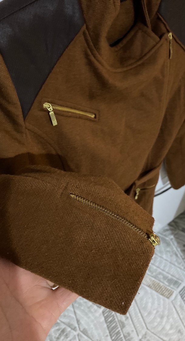 Kahverengi Deri Kemerli Maternity Biker Ceket M,L - Görsel 4