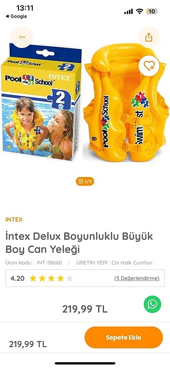  Beden Renk Intex Sarı Renkli Can Yeleği 50x47 cm