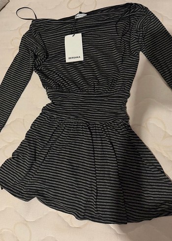 Bershka Gri Cizgili Uzun Kollu Mini Elbise