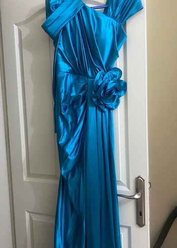 Mavi Drapeli Straplez Uzun Abiye - Görsel 2