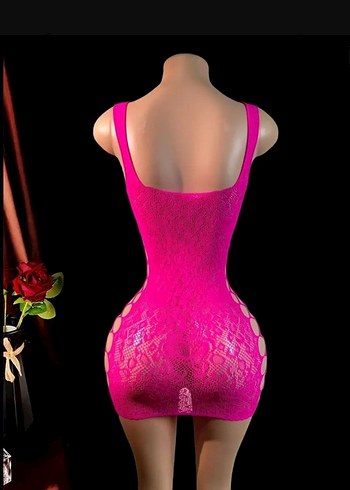 Pembe Dantelli Yılan Desenli Mini vucud Elbise - Görsel 2