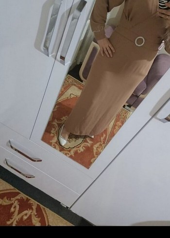 Kahverengi Uzun Kollu Kemerli Elbise - Görsel 2