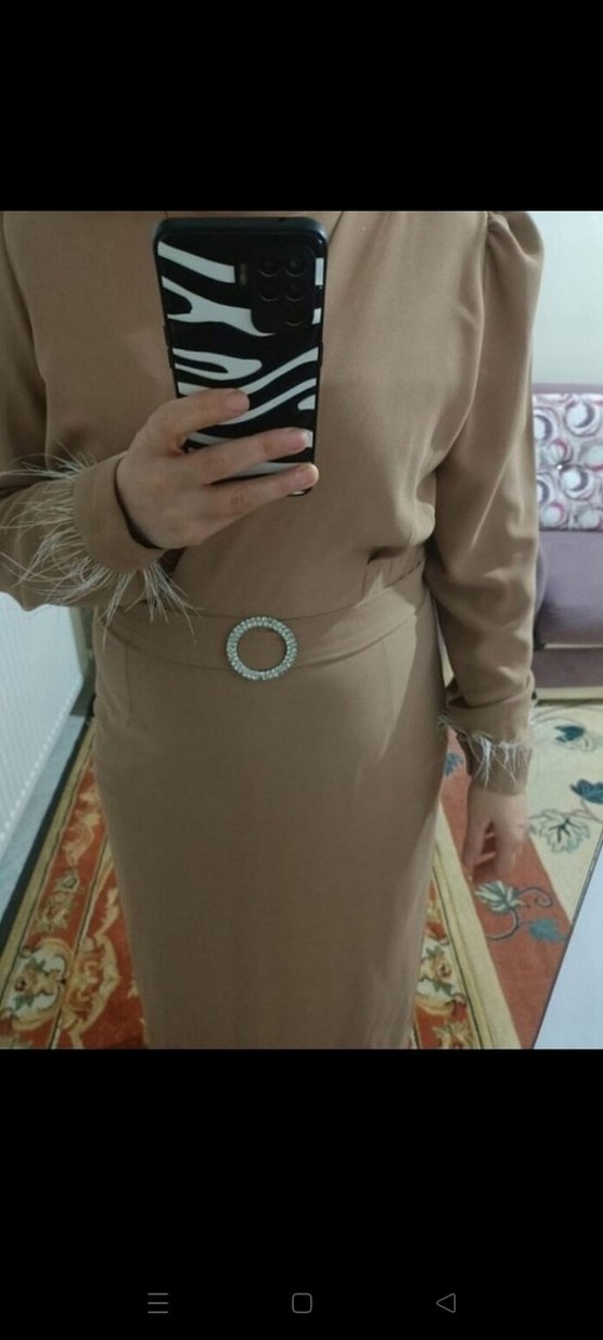 Kahverengi Uzun Kollu Kemerli Elbise - Görsel 3