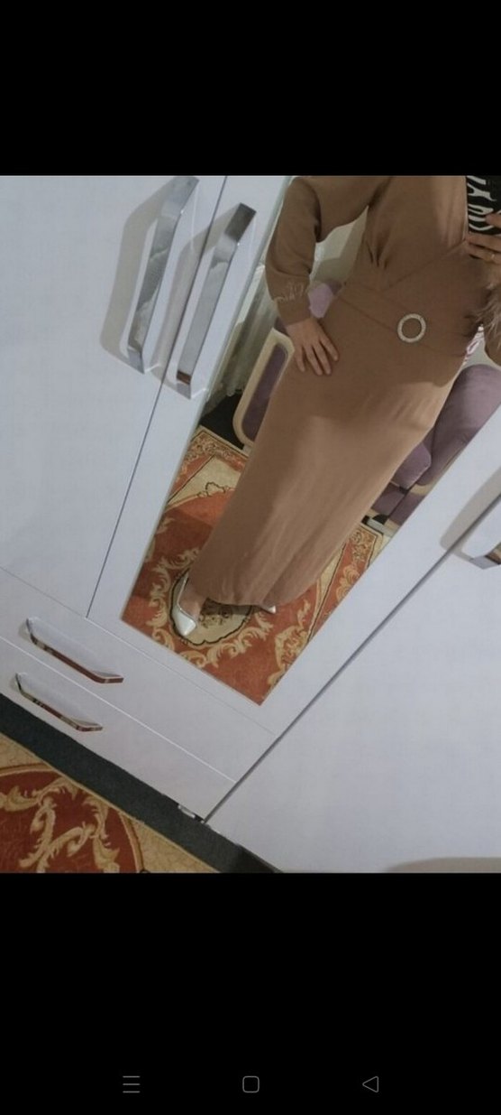 Kahverengi Uzun Kollu Kemerli Elbise - Görsel 2