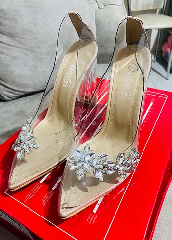 Beyaz Çiçekli Şeffaf Topuklu Abiye Ayakkabı - Görsel 2