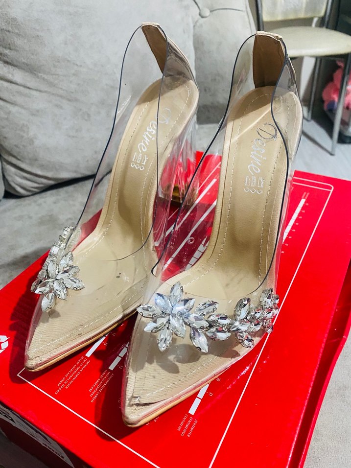 Beyaz Çiçekli Şeffaf Topuklu Abiye Ayakkabı - Görsel 2