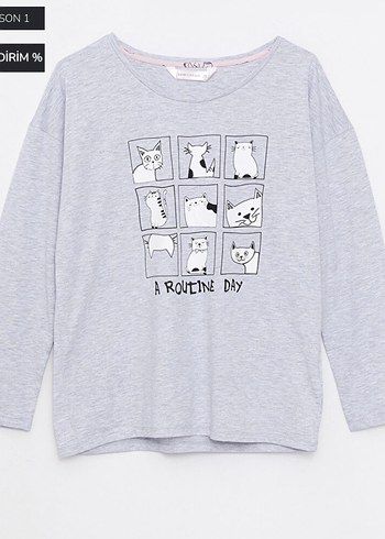LC Waikiki Gri Baskılı Uzun Kollu Kadın Pijama Takımı